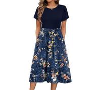 Zeagoo Vestido de Verano para Mujer Cortas Mangas Vestidos Redondo Midi | Vestido de Playa Vestidos Casuales | Vestido Estampado de Flores | con Bolsillos