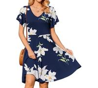 Zeagoo Vestido de Verano para Mujer Cuello en V Midi Vestido Casual Manga Corta Vestido con Bolsillos Elegante Sólido Vestido Línea A z-Azul Floral M