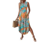 Zeagoo Vestido de Verano para Mujer de Playa Sin Mangas Casual Largo Vestidos Elegante Cuello Redondo Vestido Ligero Holgado con Bolsillos Hojas Naranjas Azules M