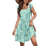 Zeagoo Vestido de verano para mujer, ligero, con volantes, cuello cuadrado, vestido de playa, largo hasta la rodilla, línea A, mini vestido con bolsillos, Flores verdes., S