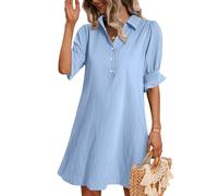 Zeagoo Vestido Mujer Verano Casual Vestido Cuello en V y Manga con Volantes Vestidos Color Sólido Vestidos Camisero Botones Vestidos hasta la Rodilla para Mujer y Bolsillos Azul Cielo L