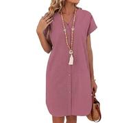 Zeagoo Vestido Mujer Verano Manga Corta Vestidos de Lino Casual Cuello en V Playa Vestido Cortos Camisero Vestidos con Bolsillos S-XXL