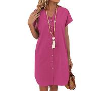 Zeagoo Vestido Mujer Verano Manga Corta Vestidos de Lino Casual Cuello en V Playa Vestido Cortos Camisero Vestidos con Bolsillos S-XXL