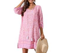 Zeagoo Vestidos bohemios para mujer, casual, playa, verano, borlas, cuello con lazo, manga larga 3/4, mini vestido de verano 2026, estampado floral, rosado (01 Pink), S