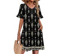Zeagoo - Vestidos de mujer de manga corta para primavera, línea A, túnica corta, estilo boho, mini vestidos con bolsillos, volantes, vestido de verano, S-XXL, S