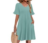Zeagoo - Vestidos de mujer de manga corta para primavera, línea A, túnica corta, estilo boho, mini vestidos con bolsillos, volantes, vestido de verano, S-XXL, Verde grisáceo., M