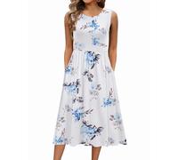 Zeagoo Vestidos de Verano para Mujer Sin Mangas Cuello Redondo Camisolas Vestido de Elegante Boho Floral Playa Largo Dress con Bolsillos Flor Blanca y Azul XL