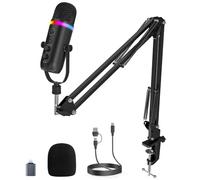zealsound Micrófono USB para Podcast con Brazo, Micrófono Gaming RGB con Cancelación de Ruido, Mute Rápido, Eco y Puerto de Monitoreo, Micrófono de Estudio para PC/Mac/iPhone, Streaming y Youtube