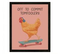 ZEARPT Divertida impresión artística de pared de pollo, póster de Off to Commit Tomfoolery, decoración humorística de pollo de granja, arte retro de monopatín de animales para cocina, oficina o pared
