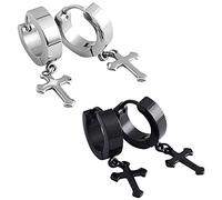 Zeayebsr 2 Pares Pendientes de Mujer Hombre, Pendientes en Forma de Cruz de Estilo de Moda de Acero Inoxidable, hechos en Plata de Ley 925 para hombre y mujer Regalo Navidad San Valentín（plata negra）