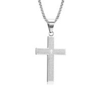 Zeaying Cadena con cruz para hombres, niños y jóvenes, collar de acero inoxidable, colgante con cruz y cadena de 60 cm, grabado con versículos cristianos, plata, joyería