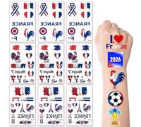 ZEBKEL Lote de 9 Tatuajes Temporales Francia - Kit de Aficionado Selección de Francia con Bandera y Gallo - Pegatinas Cuerpo Azul Blanco Rojo para Fútbol y Fiesta Nacional