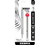 Zebra F-701 - Bolígrafo de metal, punta fina, acero inoxidable, 0,8 mm, tinta negra, bolígrafos retráctiles con 2 recambios de tinta negra