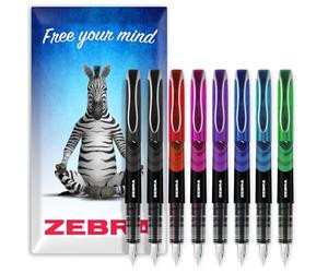 Zebra Fuente - Pluma estilográfica desechable - Una de cada tinta de color + negro extra - Paquete de 8 - En cartera de cartón
