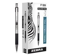 Zebra Pen F-301 - Bolígrafo retráctil de acero inoxidable de 0,7 mm, tinta de fácil deslizamiento, agarre antideslizante, clip de metal, recargable con recambio F, diseño profesional (27110)