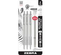 Zebra Pen F-701 - Bolígrafo retráctil, paquete de 3 unidades más 2 recambios, punta fina de 0.8 mm, tinta negra, construcción duradera de metal, tinta de fácil deslizamiento, agarre antideslizante