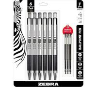 Zebra Pens Fine Point F 301, Combo Pack of 6 BLACK INK Metal Pens with 3 BLACK INK REFILLS, Ballpoint Stainless Steel Retractable 0.7mm fine point ink pens with .7 mm F-301 Pen Refill