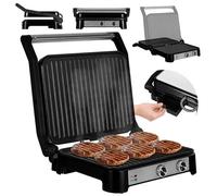 ZEEGMA GRILL CHEF BASE CONTROL Parrilla Eléctrica de Contacto 2 en 1 Sandwichera para Panini, Tostadas, Filetes, 2000W, Revestimiento Antiadherente Temporizador Ajuste de Temperatura y Ángulo