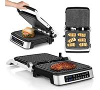 ZEEGMA Grill Chef Parrilla eléctrica y sandwichera 2100 W, placas calefactoras extraíbles, 2 en 1, abatible 180°, placas antiadherentes, bandeja de goteo, notificaciones sonoras, temporizador