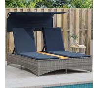 Zeehear Tumbona doble con toldo y cojín gris de poliratán, ajustable con acolchado, resistente a la intemperie, para jardín, terraza, balcón y relax al aire libre