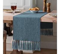 ZeeMart Camino de Mesa Azul de 48 Pulgadas de Largo, Estilo rústico de Lino de arpillera, Camino de Mesa de Centro pequeño Corto Bohemio, 13 x 48 Pulgadas, Azul