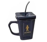 ZEID Squatting Toilet Shape Ceramic Mug, Funny Squat Toilet Coffee Cups With Lids and Straw, 14 Oz Novelty Bathroom Prank Drinking Cup (Dark Grey)