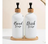 Zeiin Home Pack de 2 Dispensadores de Jabón Cocina Vidrio 500ml con Base de Bambú. Dosificador Lavavajillas y Jabón de Manos para Fregadero y Encimera. Elegante y Funcional. - Jabonera Cocina