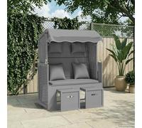 Zeiquah Sillón de playa con cojín de poliratán y madera maciza de abeto gris, 115 x 55 x 133 - 156 cm, respaldo ajustable en 3 posiciones, reposapiés extensible, toldo para jardín, terraza, balcón