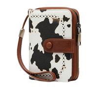 Zeiwohndc Carteras de cuero con bloqueo RFID para mujer, cartera plegable para tarjetas de crédito, monedero de viaje para mujer con pulsera, carteras de cuero con bloqueo RFID, Patrón de vaca