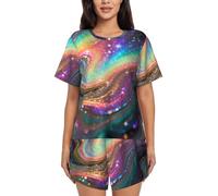 Zelinge Conjunto de pijama de manga corta para mujer, conjunto de pijama de 2 piezas suave con bolsillos, tallas S-4XL, Remolino de neón arcoíris, XXL