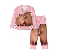 Zelinge Conjunto de pijama de manga larga para mujer, ligero, con botones, tallas S-2XL, Encantadora pareja Capibara, XL