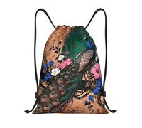 Zelinge Mochila con cordón para gimnasio, bolsa con cordón para deportes, campamento, viajes, baile, Pavo real, marrón, dorado y verde, 16.5 x 19.6 inch, Mochilas Daypack
