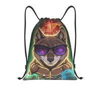 Zelinge Mochila con cordón para gimnasio, Lobo neón con gafas de sol, color verde, S (14 x 16.9 inch), Deporte