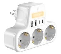 Zelkan Ladron Enchufes con USB y Luz Nocturna - Regletas Enchufes con 3 Tomas de Corriente en Horizontal - 2 USB-A, 2 USB-C - Regleta con Enchufe Multiple para Pared sin Cable - Base enchufes multiple