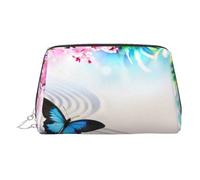 Zen Design - Neceser de piel con estampado de mariposa, bolsa de maquillaje de piel para bolso con cierre de cremallera superior, elegante neceser, Silver, Talla única