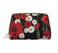 Zen Stone - Bolsa de maquillaje portátil de piel estampada con diseño impreso de ancho completo, Flor roja y margarita blanca, Talla única