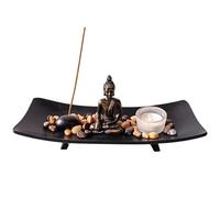 ZEN&TAO Juego de portavelas y incienso estilo jardín zen japonés, bandeja negra con estatua de Buda, soporte para incienso, portavelas y tumbas naturales