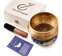 Zenamaste® - Cuenco tibetano de meditación hecho a mano en la ciudad nepalí de Bhaktapur | 450 g - 11,5 cm de diámetro | + Caja en papel nepalí con cojín | + Cuenco | + Mazo de madera