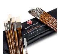 ZenART Pinceles para Óleo y Acrílico - 14 de Tejón Chungking/Sintético Japonés, Incluyendo Filbert, Plano, Rigger y Más - Estuche de Viaje, Mango Largo de Madera No Deslizante