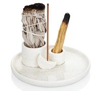 ZenBless Soporte 4 en 1 para quemador de incienso, soporte de Palo Santo, soporte de salvia para quemar, soporte de incienso para palos, portavelas, bandeja de cerámica de 5.9 pulgadas para meditación