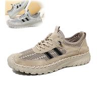 Zenfaze Orthopedic Shoes for Men,Men's Slip-On Orthopedic Leather Hiking Shoes,Solid Arch Support Breathable Hollow Mesh (Khaki,46)