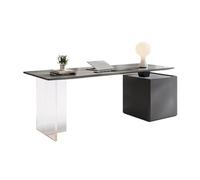 Zeng25liangOu-12 Espacioso Escritorio Moderno for Oficina en casa con Dos cajones, Toma de Corriente, Tablero losa Roca y Patas acrílico Escritorio de Juegos(Negro,M)