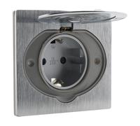 Zenitech, Base de suelo Schuko 16 A IP44 de aluminio cepillado con tapa protectora, caja de empotrar Ø 67 mm multimaterial, cableado automático, fijación con tornillos.