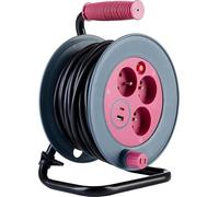Zenitech, Carrete eléctrico DIY 3 enchufes 2P + T 2 puertos USB-A/C, 12 m, gris/rosa, carga rápida de 5 V CC-2400 mA, compacto y ligero, mango ergonómico, marco de acero galvanizado, norma CE