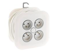 Zenitech - Enrollador Doméstico 4x 16A 2P+T con Enchufe Extra Plano 3G1mm² - Agujeros para Fijación en Pared - Anillo de Extracción y Gancho de Suspensión - Blanco - 7m