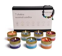 Zenith Gaia Juego de velas de chakra - Velas perfumadas a mano con cristales premium en elegantes cuencos de chapa, incluye pulsera de chakras, juego de 7 para meditación, alivio del estrés y