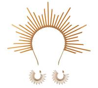 ZenithAura Diosa del Sol Aureola Corona Diadema de Metal Corona de Diosa Sunburst Púa Tocado con Pendientes para Mujeres Halloween Renacimiento