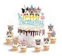 ZenithAura Katzen Tortendeko Kuchen Topper Und 25 Stück Katze Cake Topper Deko Set Sommer Chill Stil Tiere Geburtstag Deko Party Zubehör Für 1 2 3 4 5 6 7 8 9 10 Jahre Al