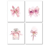 ZenithAura Set De 4 Impresiones De Arte De Pared Con Lazos Rosa Coquette Labial Maquillaje Cepillo Gafas De Sol Perfume Decoración De Pared Preppy Para Chicas Pósteres Bo