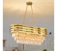 ZenithBeam Candelabros de cristal modernos dorados para comedor Araña dorada de E14 Sala de estar Comedor Araña sobre mesa Lámpara colgante de techo ovalada Lámpara colgante para isla de cocina L80cm